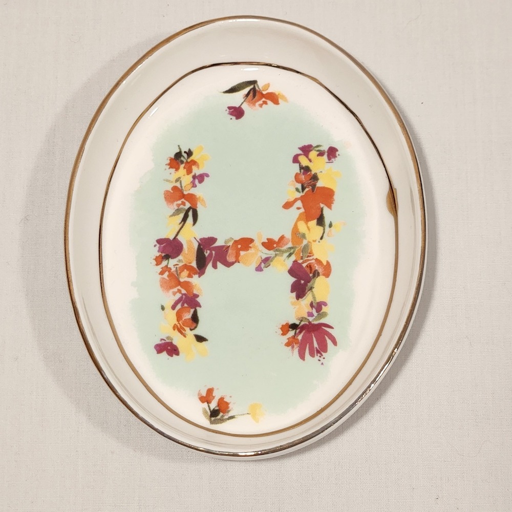 Anthropologie Kiam Floral Monogram Letter H Trinket Dish Gold Rim Oval Ceramic
